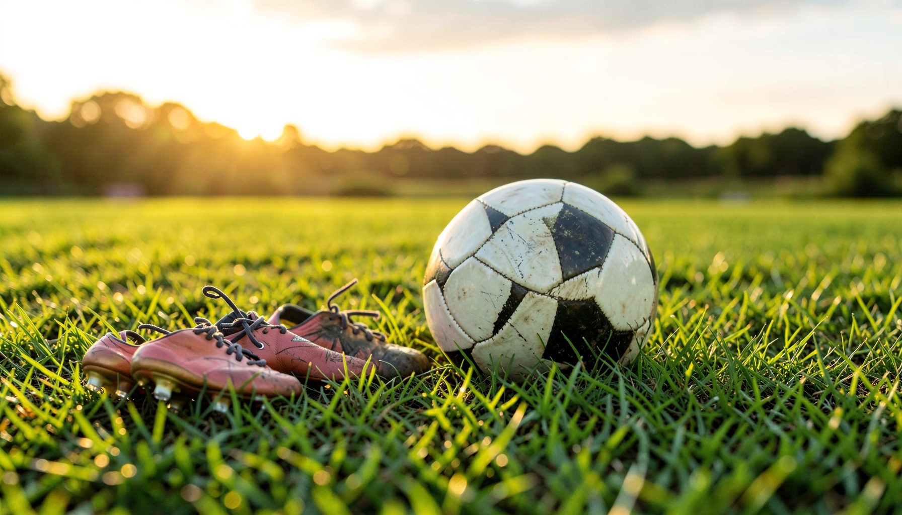 A green field with soccer cleats and a ball at sunrise, golden light and fresh grass tones, energetic and hopeful.