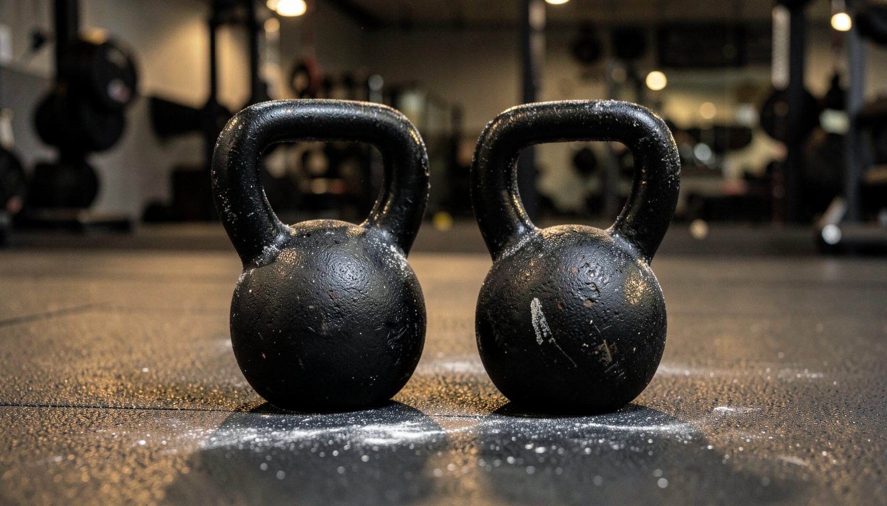 A pair of heavy kettlebells resting on a gym floor with chalk dust visible, warm industrial lighting casting soft shadows.