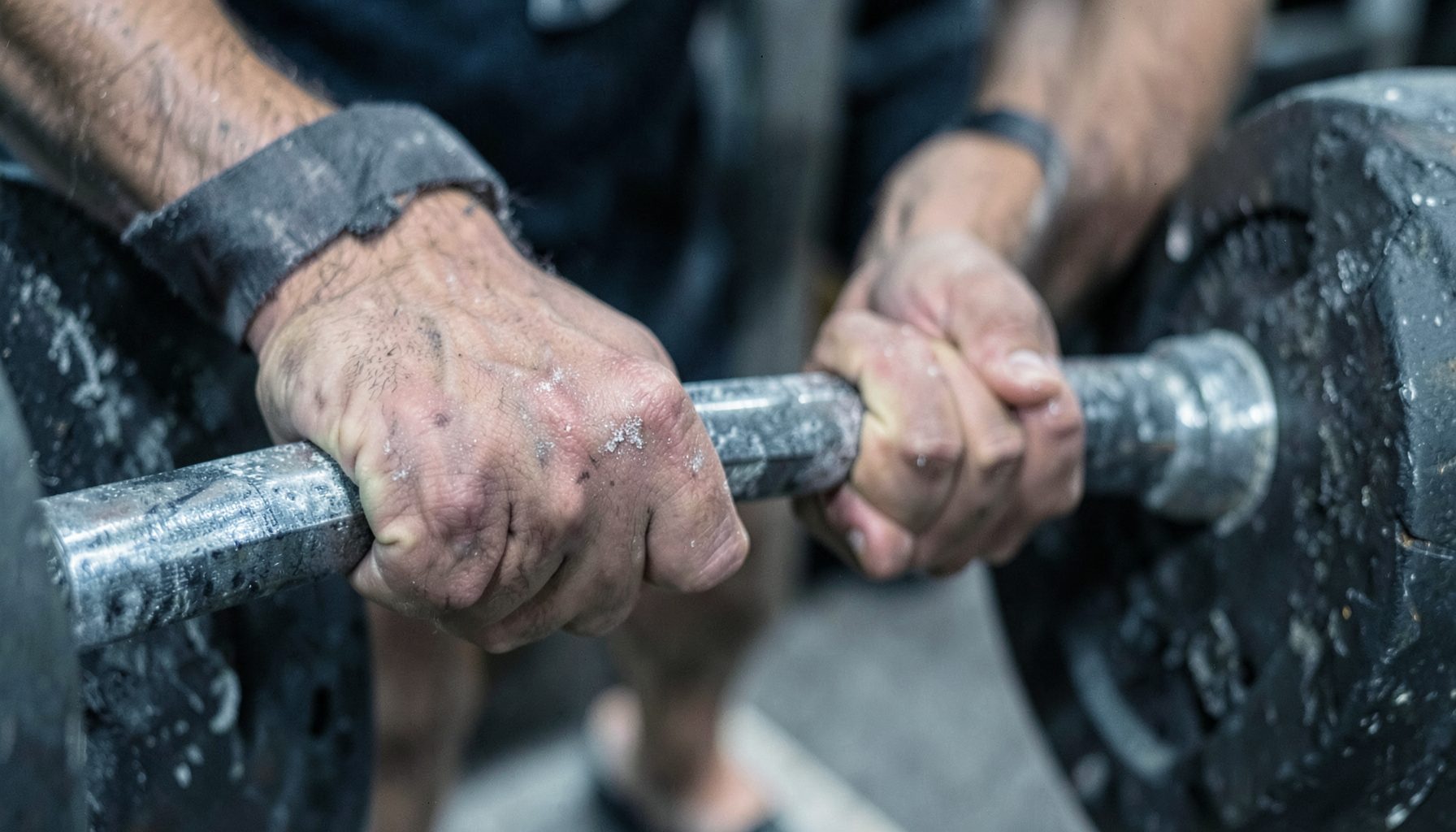 Close-up of hands gripping a barbell with chalk, muted gray and steel-blue palette, raw and textured.