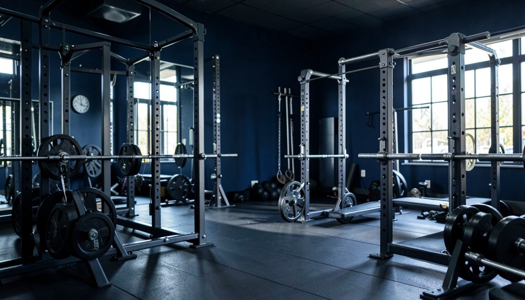 A quiet, sunlit weight room with racks and barbells in the background, deep navy and steel-blue tones dominating the scene, conveying focus and discipline.