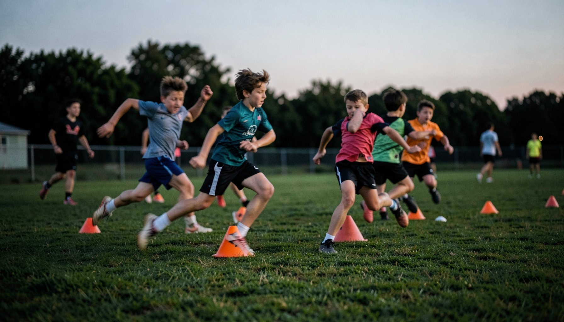 Young athletes running a cone drill on a green field at dusk, motion blur on legs, energetic and focused atmosphere