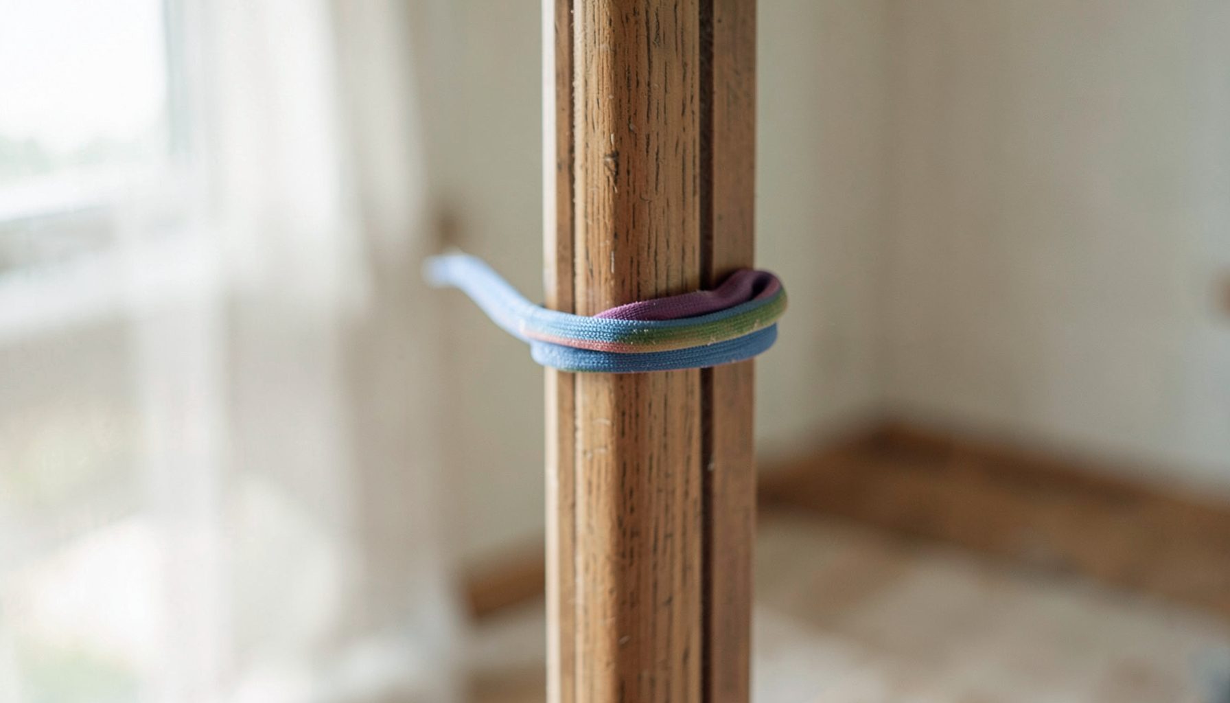 A close-up of a resistance band looped around a sturdy post, soft natural light, simple home-rehab setup.