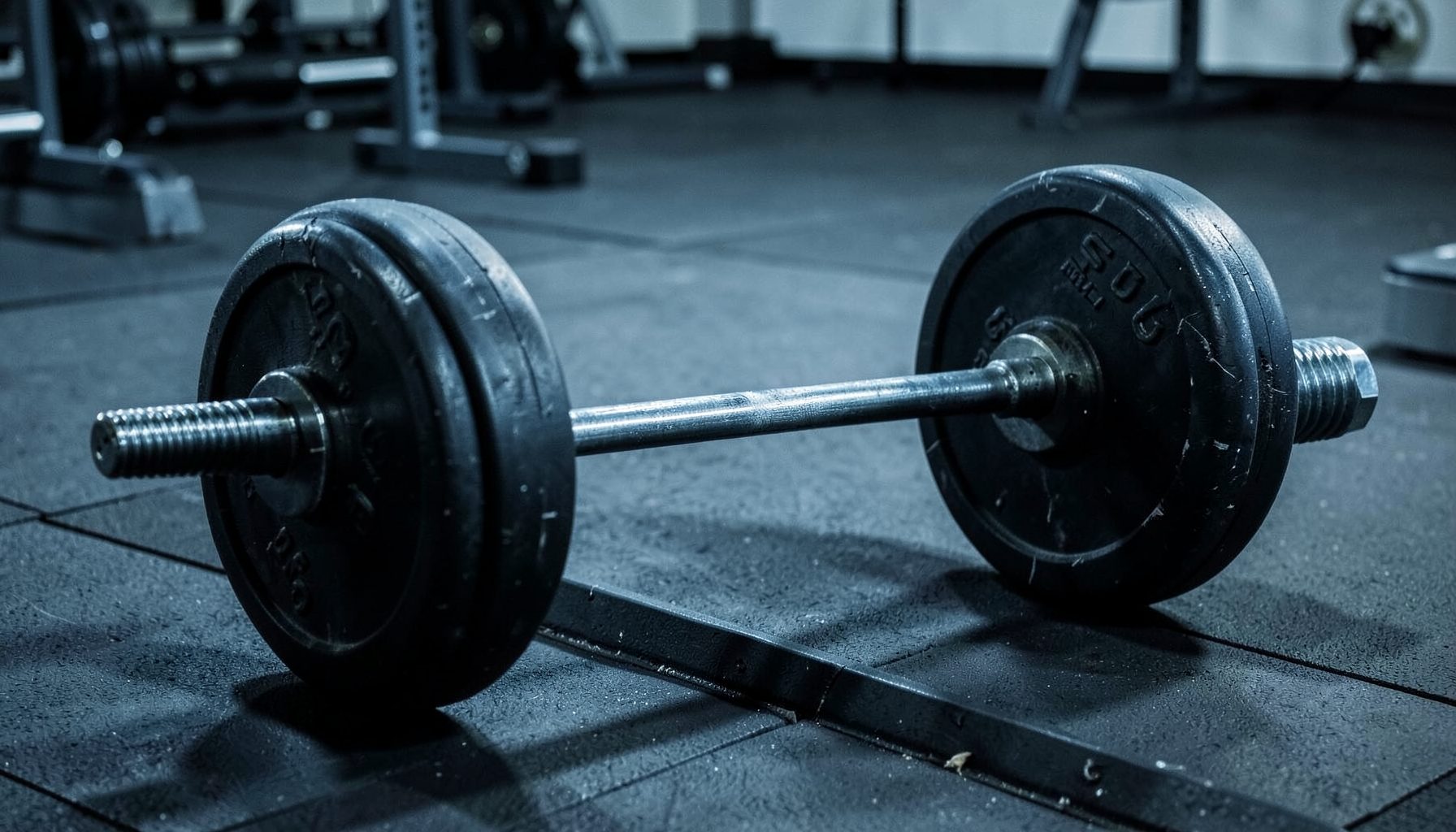 A barbell resting on a squat rack, empty gym floor stretching behind it, cool steel and shadow tones.