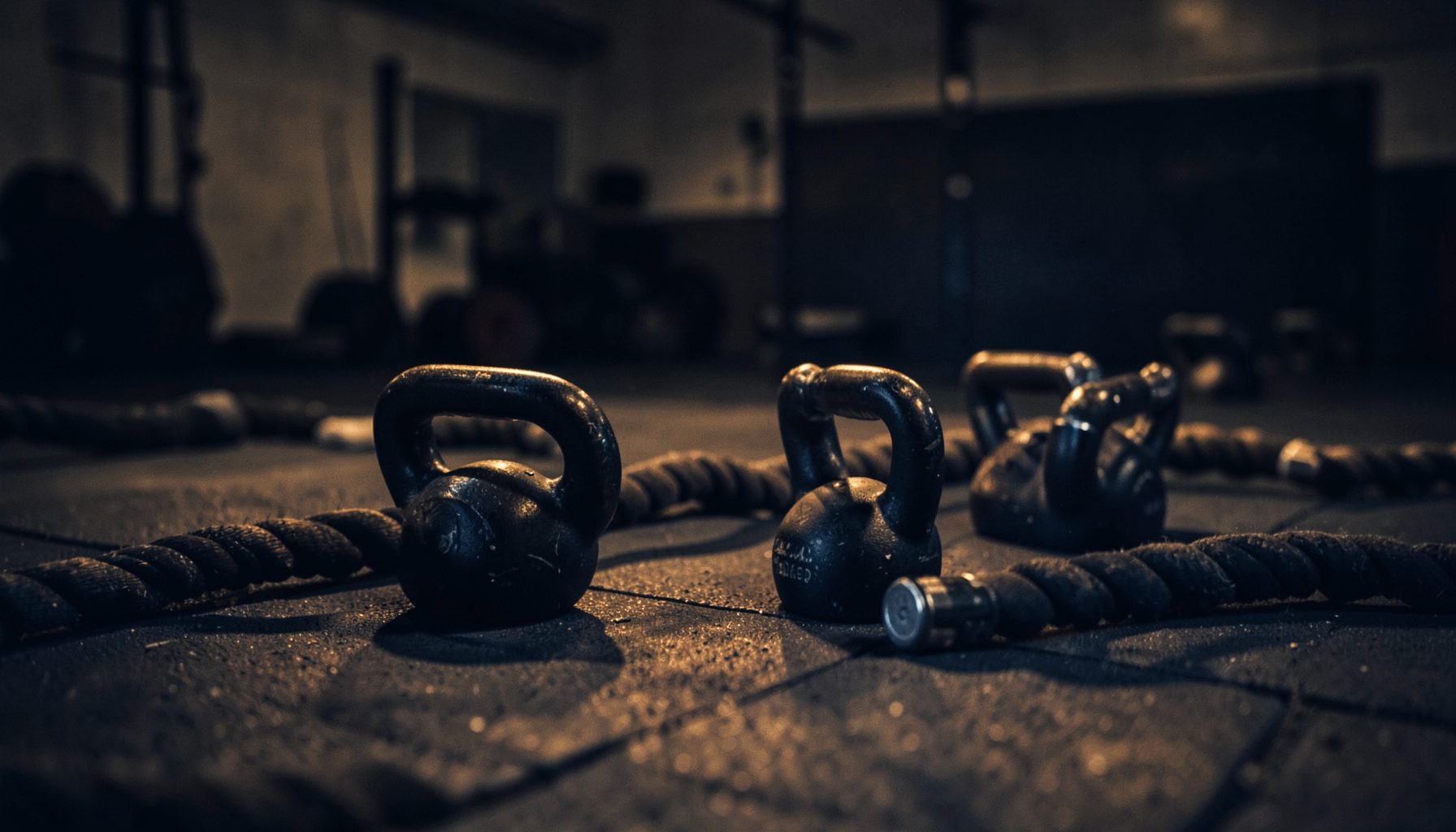 A dimly lit gym floor with kettlebells and battle ropes in the foreground, warm amber and deep navy tones, conveying grit and endurance.
