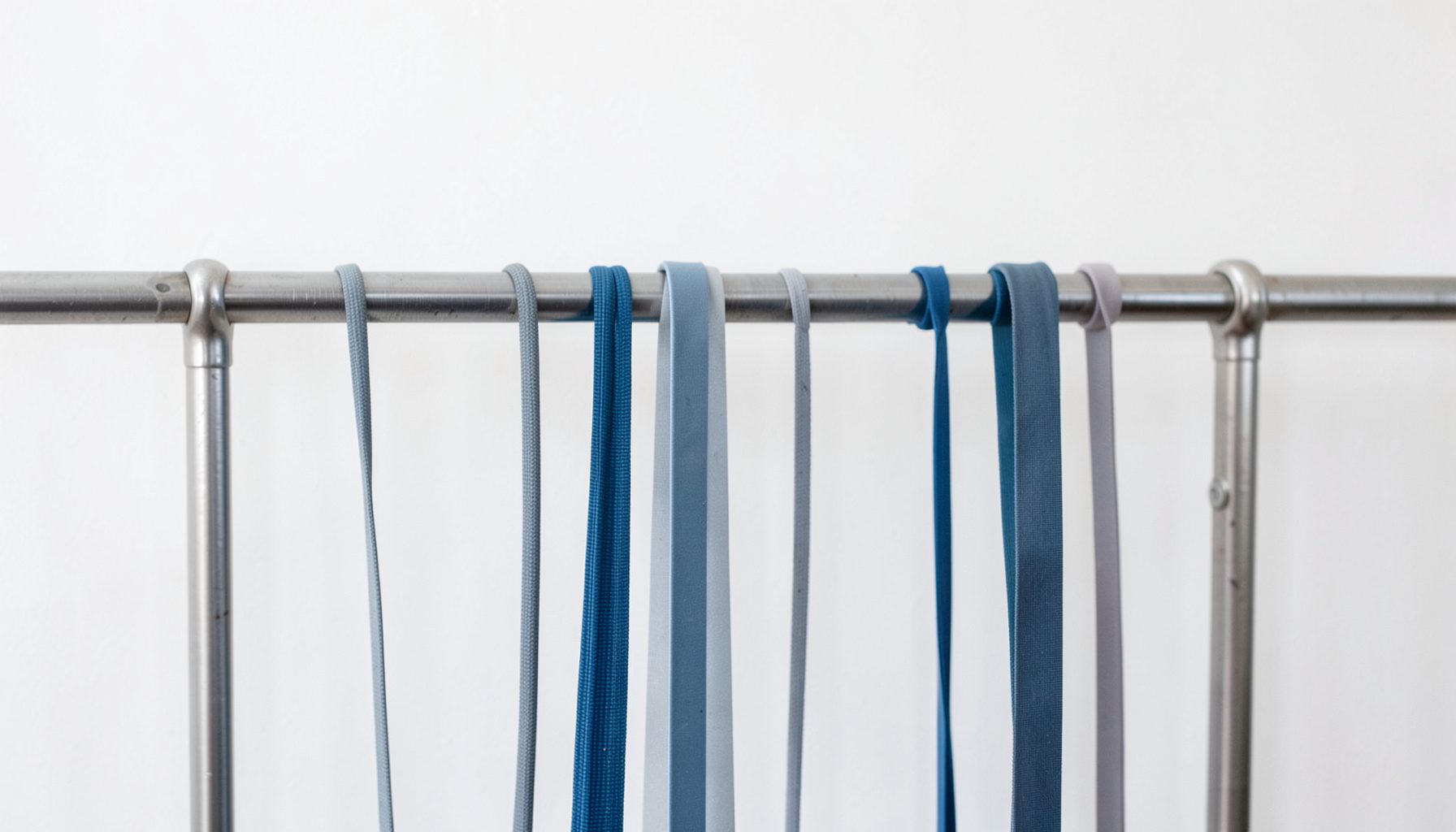 Resistance bands of varying thicknesses looped over a metal rack, with muted blue and gray tones against a clean white wall.