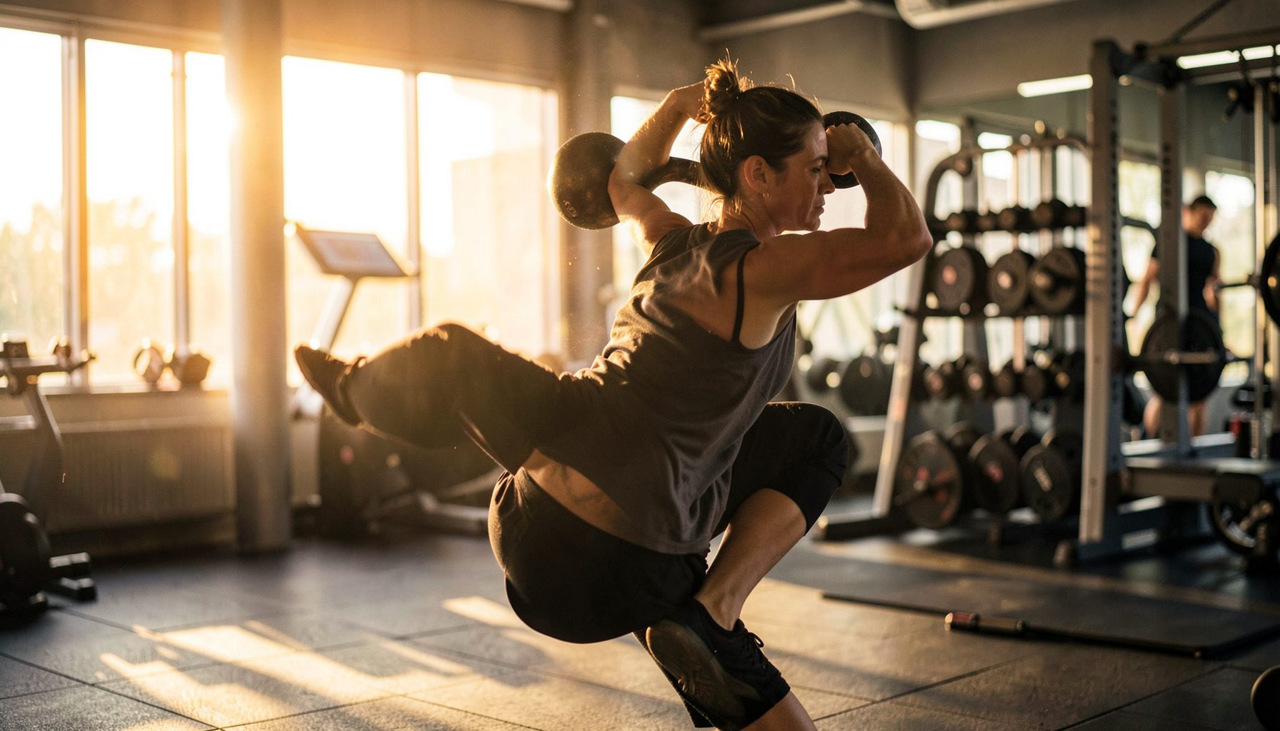 A person performing a kettlebell swing in a sunlit gym, warm amber and steel-gray tones, dynamic motion captured mid-swing.