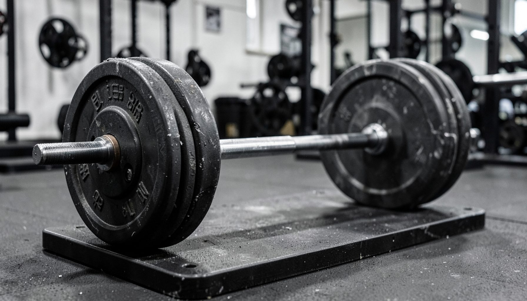 A barbell loaded with plates on a gym platform, dark steel and chalky white tones, focused and industrial.