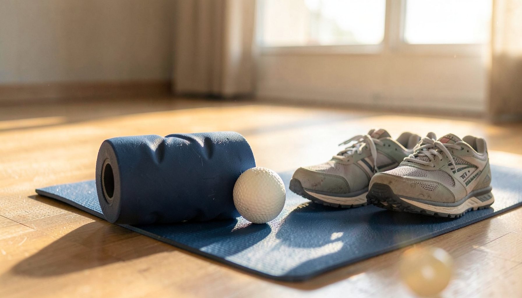 A foam roller and lacrosse ball on a yoga mat beside a pair of athletic shoes, warm morning light, calm rehab setting