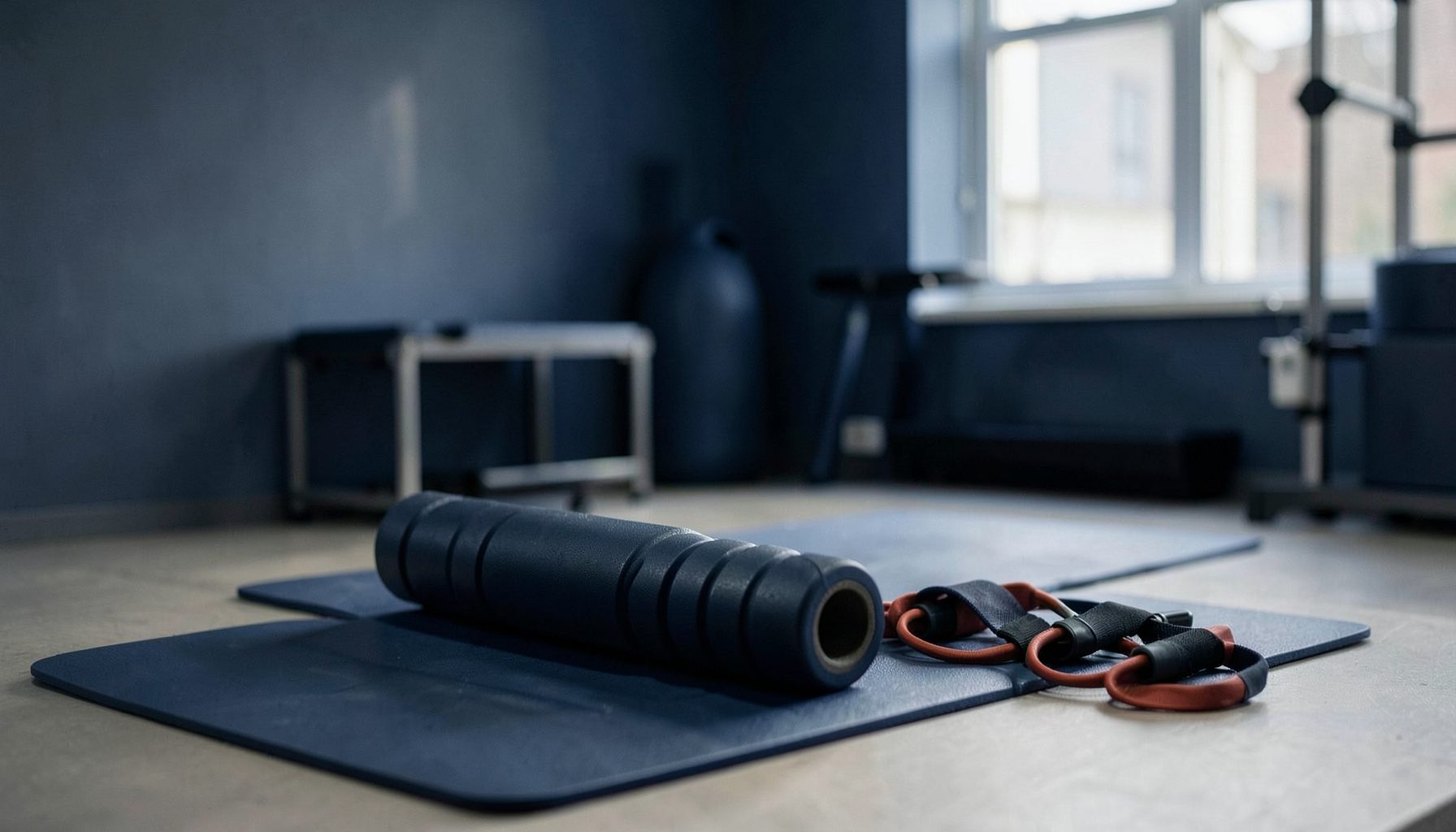 A softly lit physiotherapy and rehab space with muted navy and steel-blue tones, foam rollers and resistance bands resting on a mat, calm and focused atmosphere.