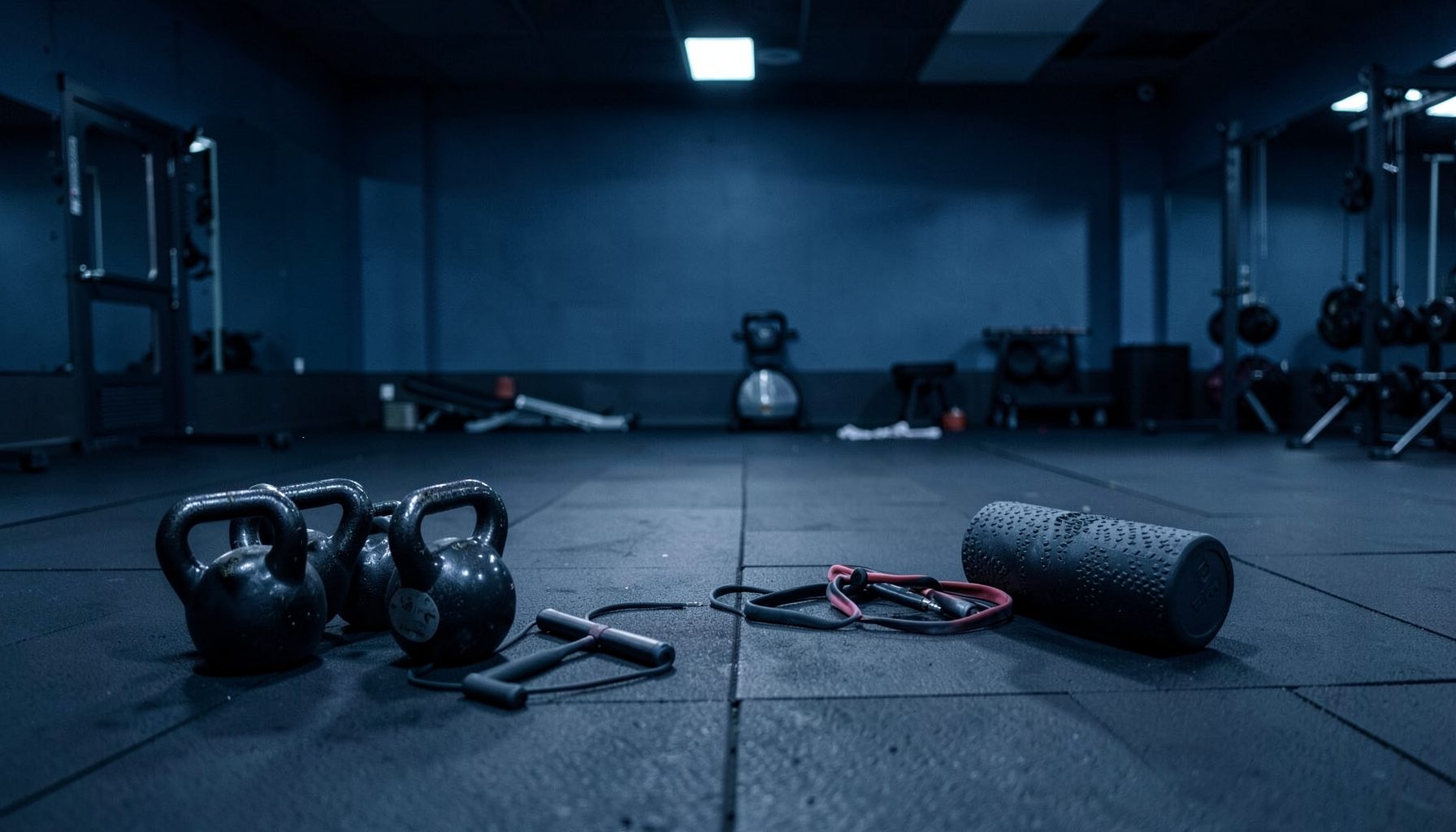 A wide atmospheric shot of a gym floor with kettlebells, resistance bands, and a foam roller on dark rubber matting, lit by soft overhead light, deep navy and steel-blue tones