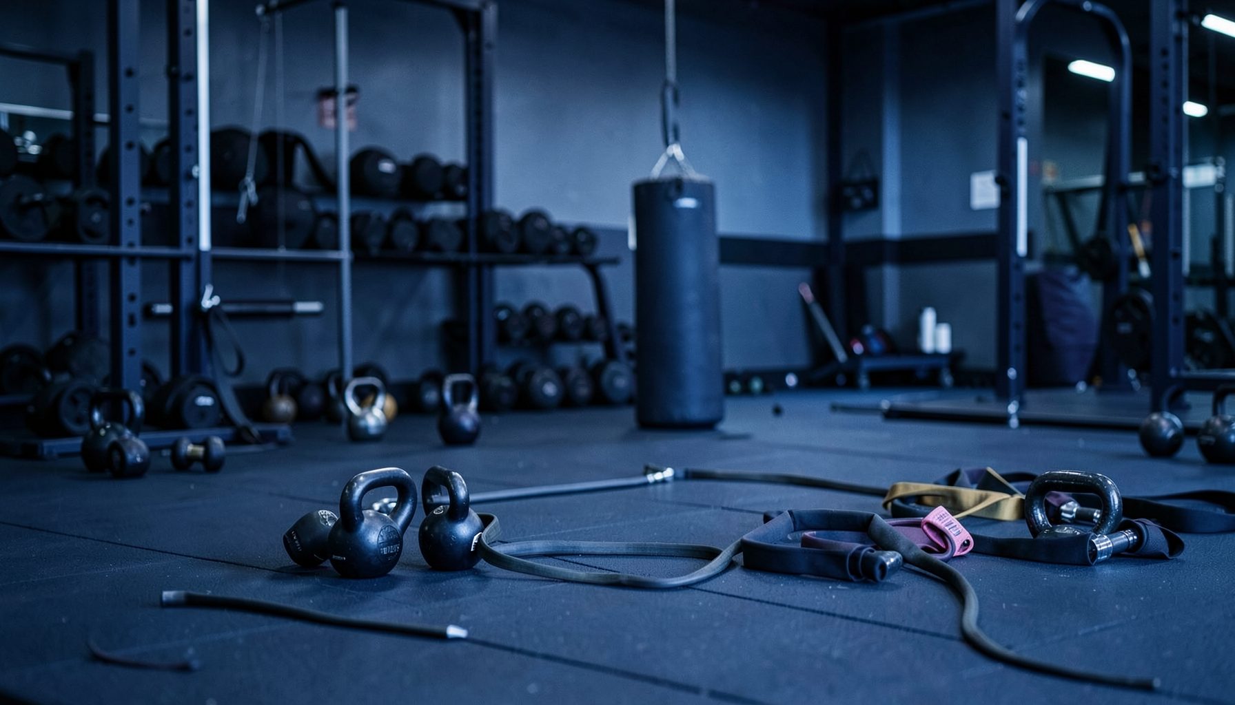 A calm, focused gym setting with kettlebells, resistance bands, and an open training floor in deep navy and steel-blue tones, conveying strength and purposeful movement.