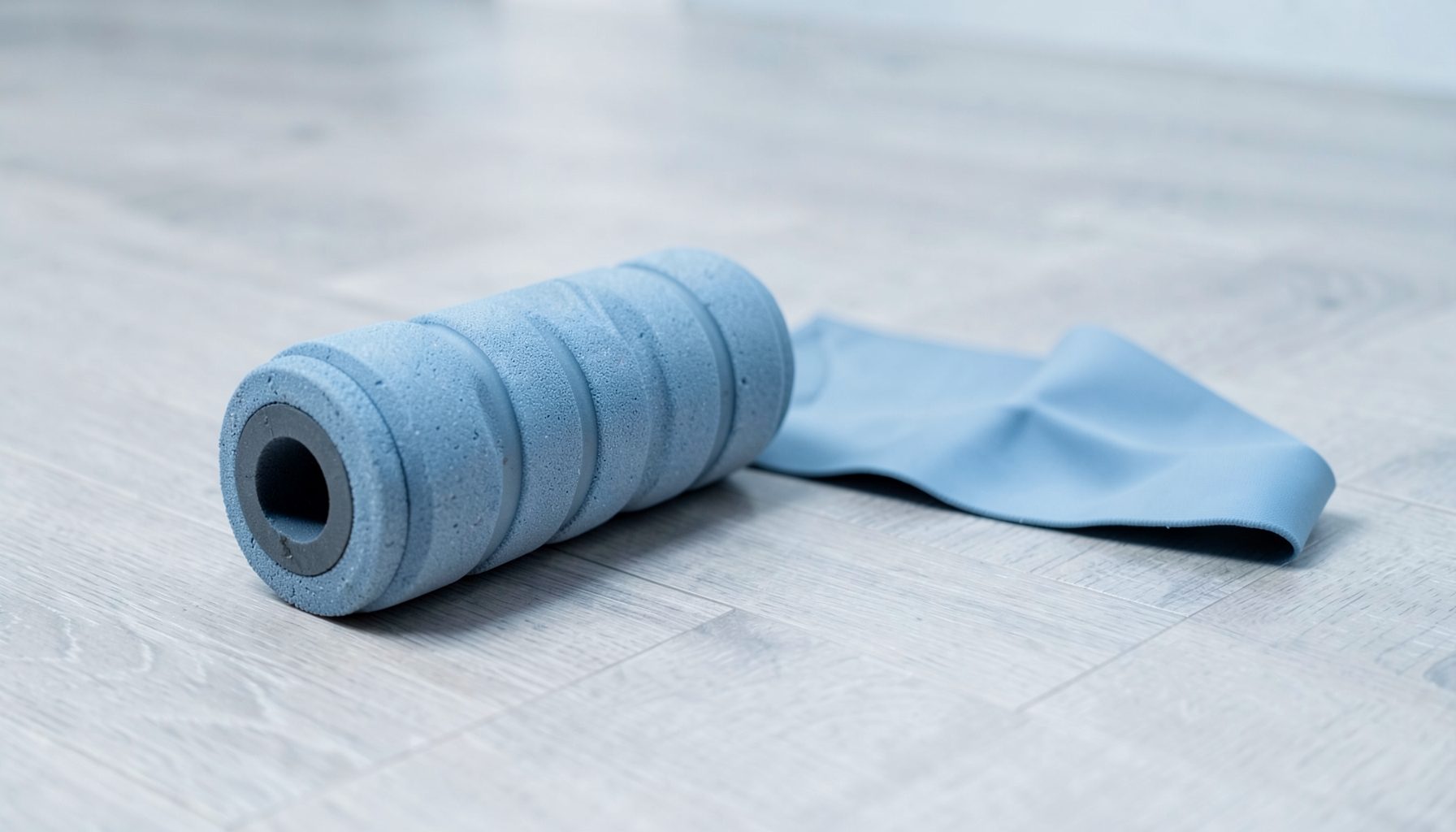 A foam roller and resistance band on a light wooden floor, soft gray and pale blue tones, calm and restorative.