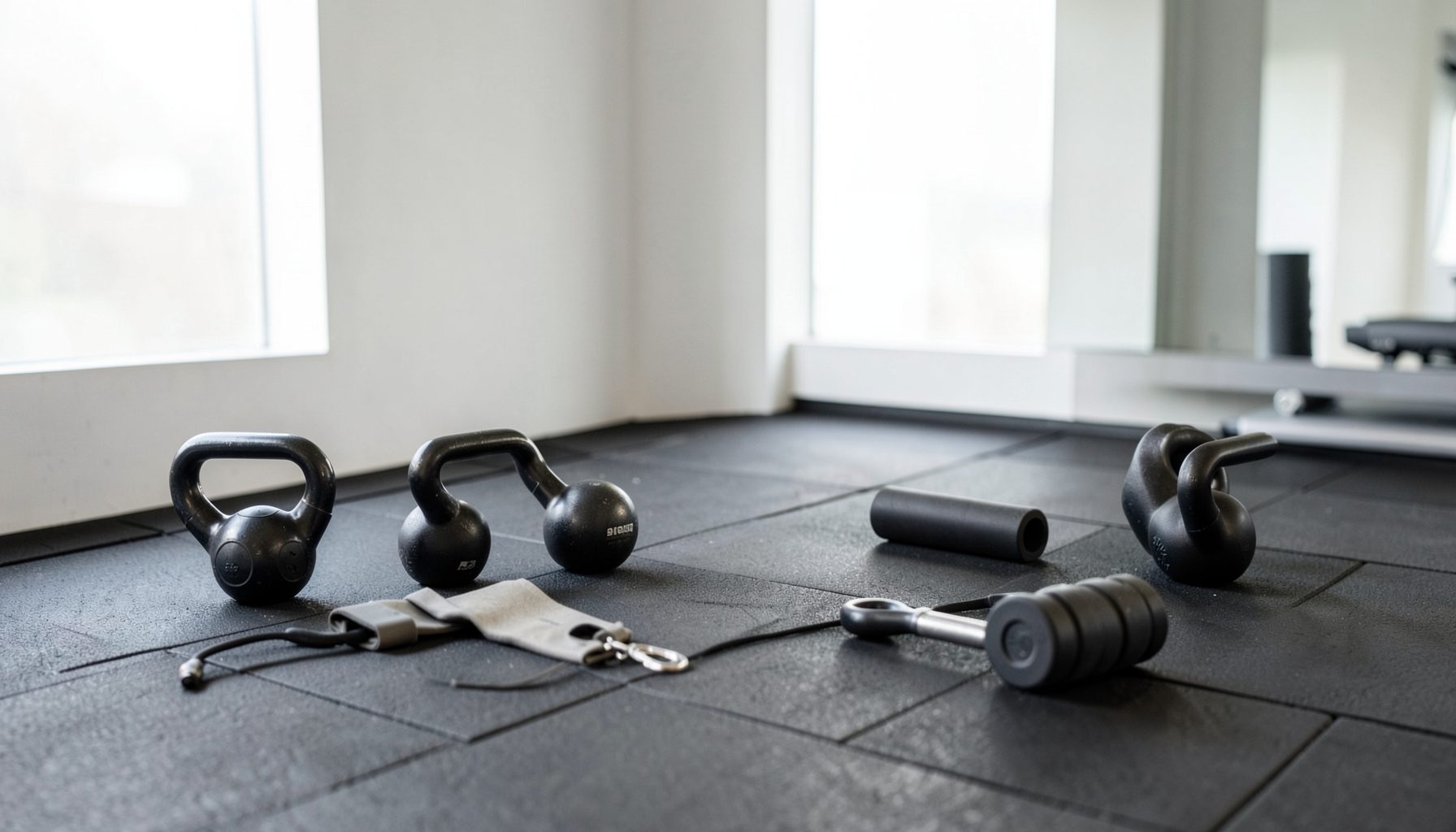 A clean, minimalist gym setting with kettlebells, resistance bands, and foam rollers arranged neatly on dark rubber flooring, bathed in soft natural light from a large window.