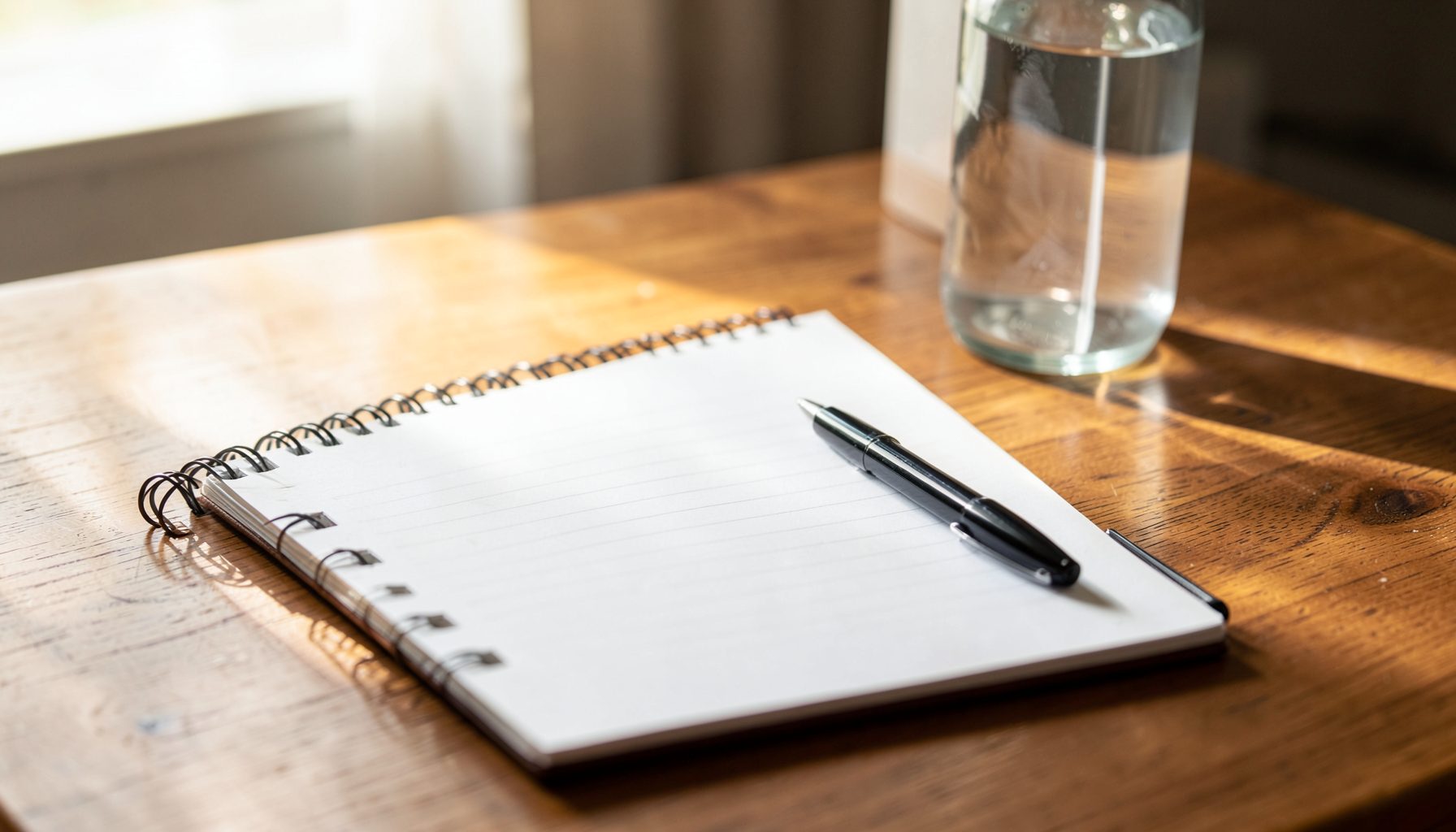 A spiral-bound training journal and a pen placed on a wooden desk beside a water bottle, with soft morning light streaming in.