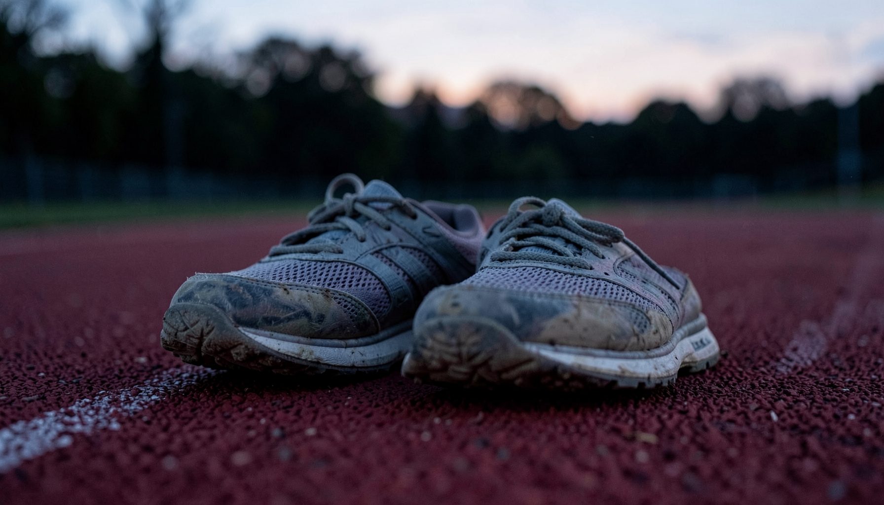 A pair of worn athletic shoes on a track surface at dusk, suggesting rest and recovery between seasons.