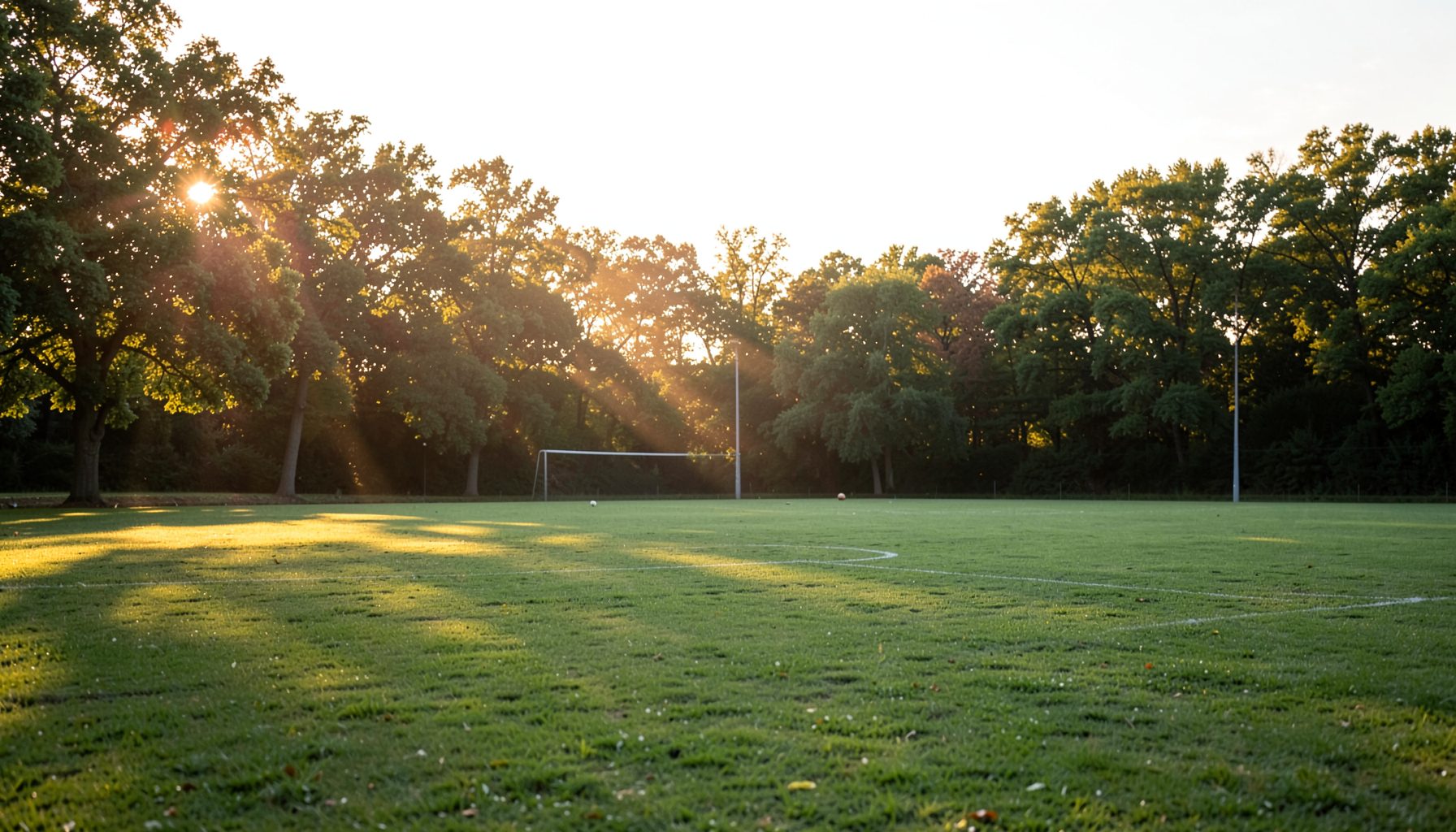 A wide grassy sports field at golden hour with soft sunlight filtering through trees at the edge, empty and calm, evoking youth athletics and outdoor play.