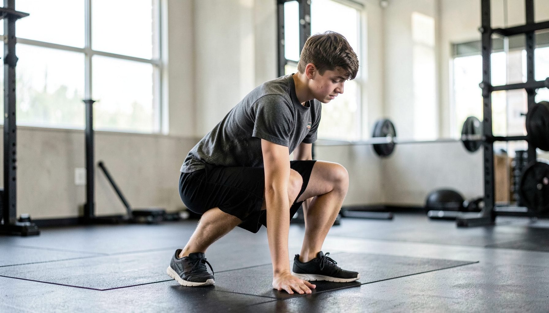 A teenager performing a bodyweight squat on a gym floor, natural light from large windows, calm and focused atmosphere.