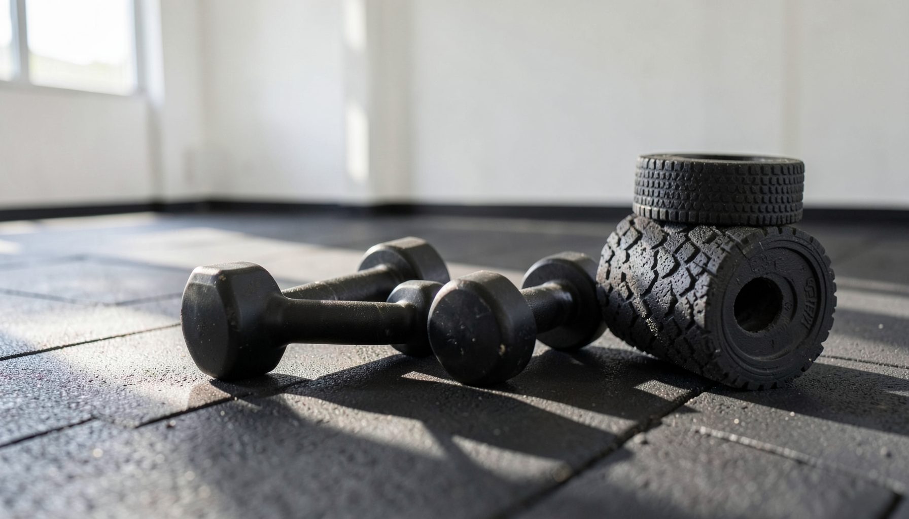 A pair of dumbbells resting on a rubber gym floor beside a foam roller, with soft natural light casting long shadows in a clean, minimalist training space.