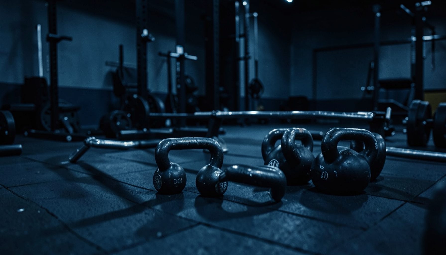 A dimly lit gym floor with kettlebells and barbells in the foreground, deep navy and steel-blue tones dominating the scene, conveying focus and disciplined training.
