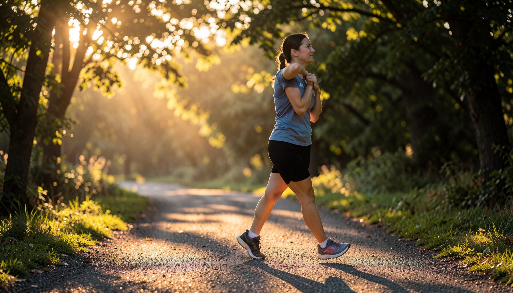 A runner on a shaded trail pausing to stretch, warm golden-hour light filtering through trees, calm and restorative mood.