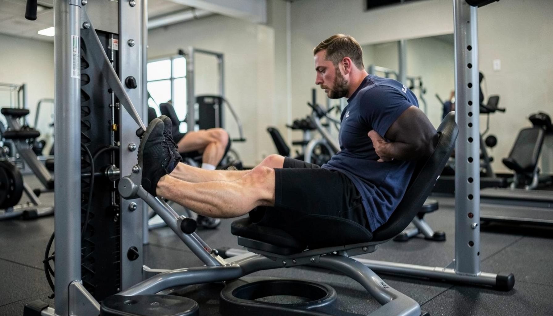 An athlete performing a slow, controlled eccentric lowering phase on a leg press machine in a quiet gym, focused and deliberate.