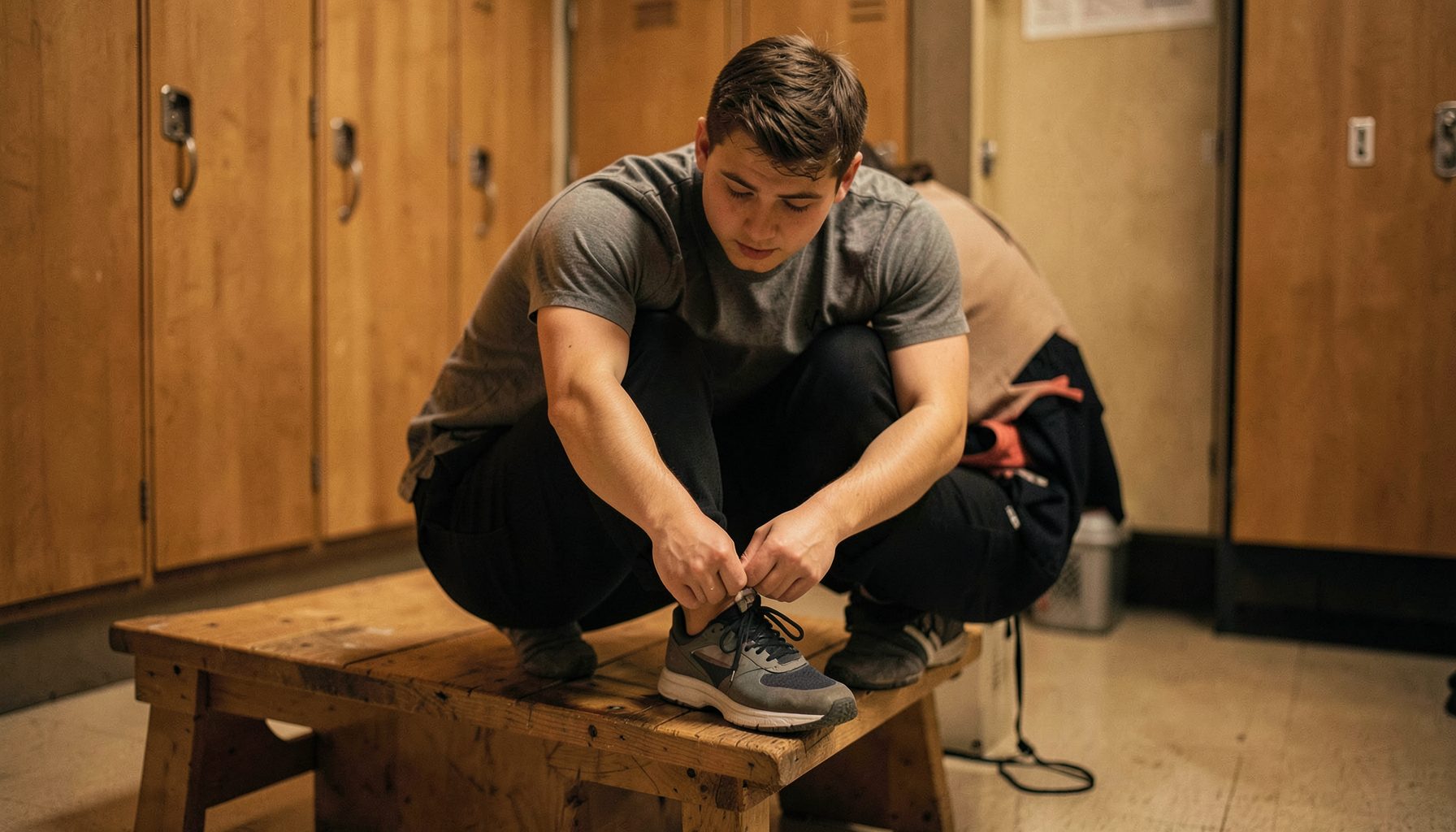 A young athlete tying shoelaces on a wooden bench in a locker room, warm tones and quiet preparation mood.