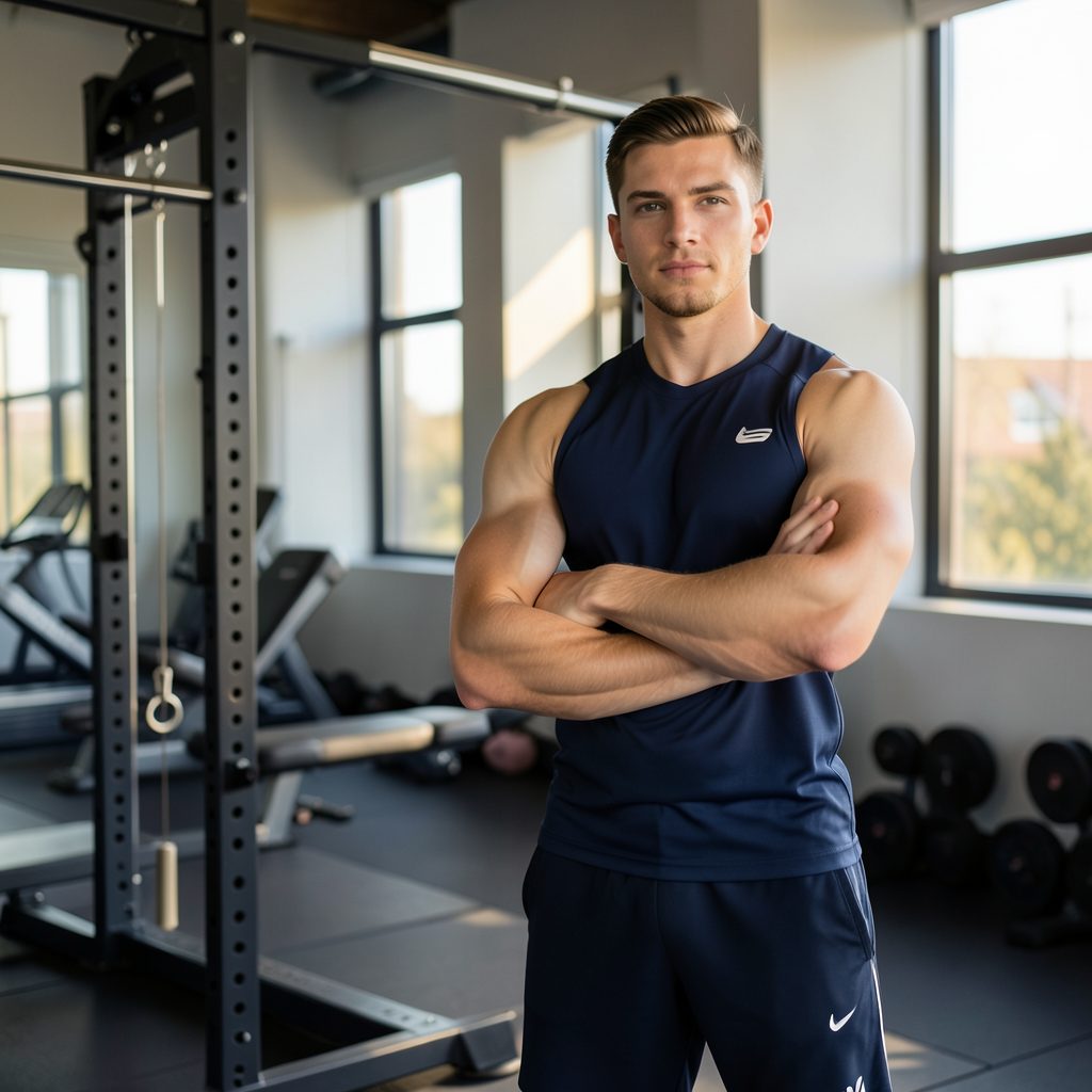 A coach in athletic wear standing beside a training rack in a gym, arms crossed, warm natural light filtering through, navy and gray tones.