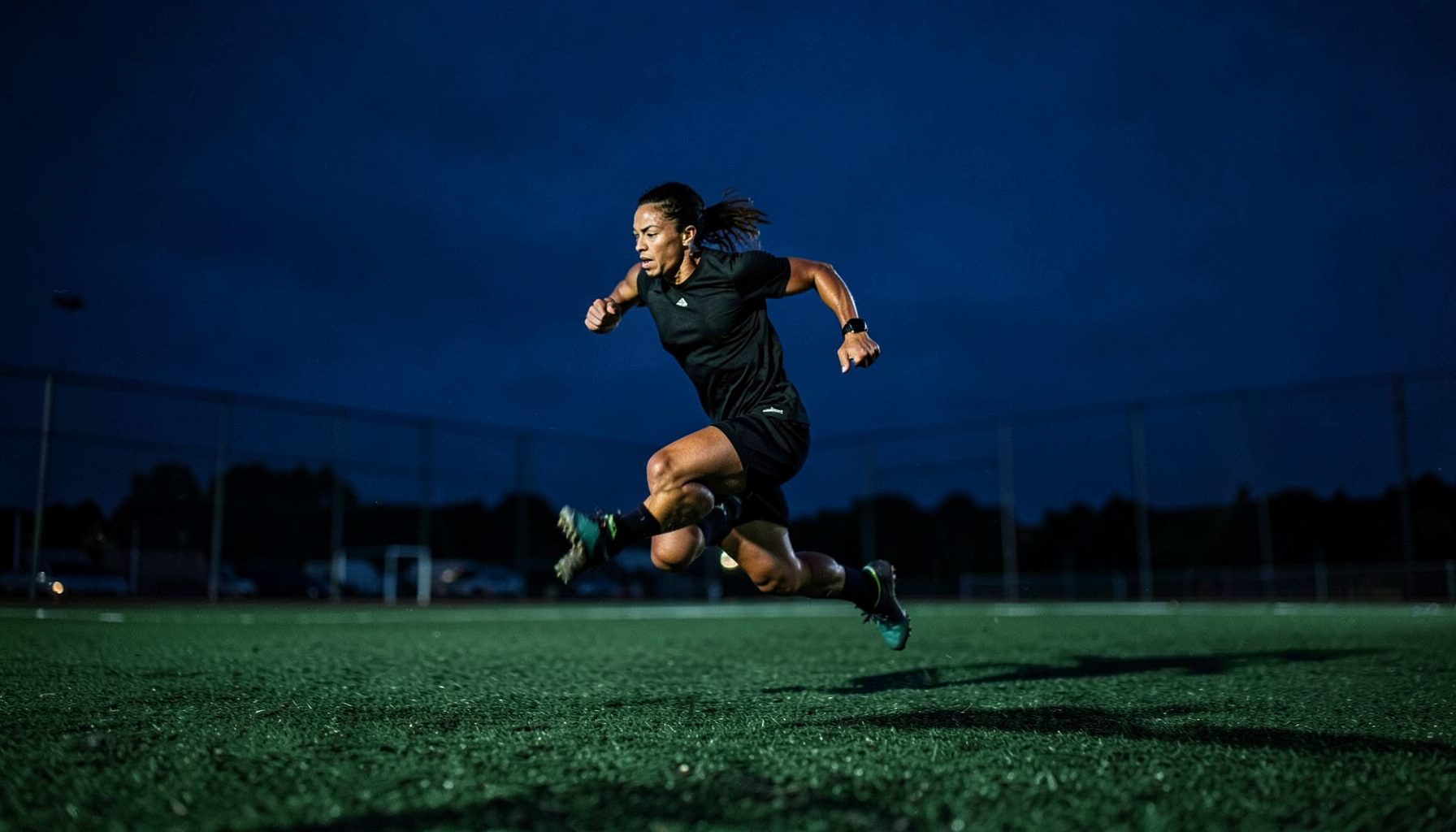 An athlete sprinting on a turf field at dusk, deep navy sky and cool green turf tones, conveying speed and endurance.